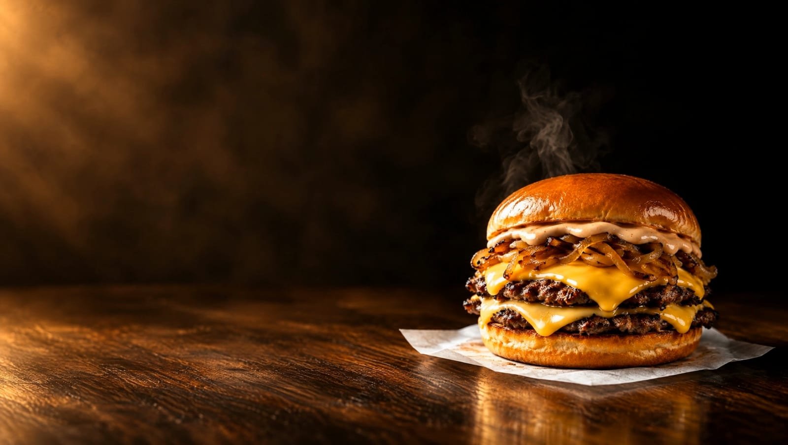 Le burger signature Lusema, double steak smashé et cheddar fondu, posé sur son papier sulfurisé