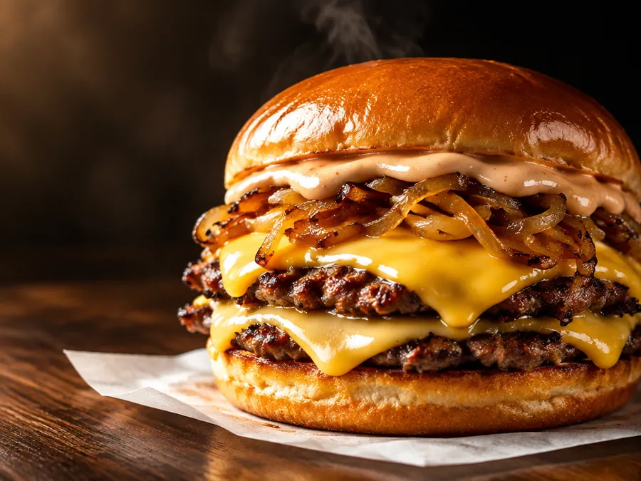 Le Signature : double steak smashé, cheddar affiné et oignons caramélisés dans un bun brioché